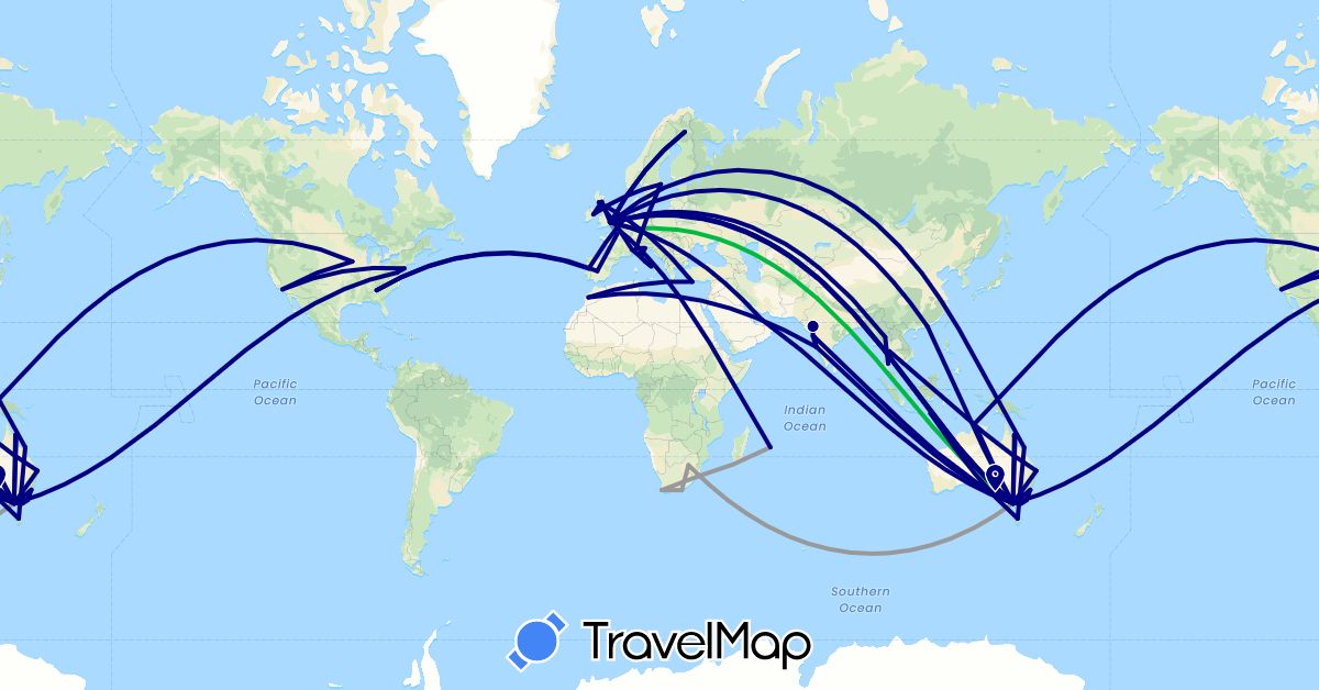 TravelMap itinerary: driving, bus, plane, cycling in United Arab Emirates, Australia, China, Germany, Spain, Finland, France, United Kingdom, Indonesia, Ireland, India, Italy, Morocco, Mauritius, Netherlands, Portugal, Sweden, Thailand, Turkey, United States, South Africa (Africa, Asia, Europe, North America, Oceania)